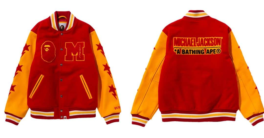 マイケル・ジャクソンのインスタグラム：「The letterman jacket Michael wore in his “Thriller” short film continues to be a part of popular culture. Now Japanese streetwear brand A Bathing Ape has a new collaboration with Michael Jackson that includes an extremely limited version of the jacket.」