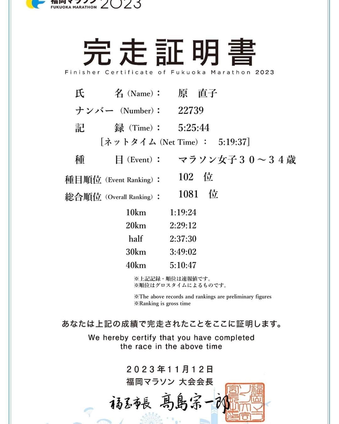 原直子さんのインスタグラム写真 - (原直子Instagram)「改めて、福岡マラソン2023無事完走しました！ メッセージやコメントをくれたり、声をかけてくださったり、直接応援に来てくださったり沢山の応援ありがとうございました！！  福岡マラソンは応援がすごいです！ ボランティアの皆さんも熱いですし、地元の方が私たちプロなのかな⁈と思わせてくれるような声援を送ってくださり折れそうな心をゴールまで導いてくれました。 改めて、大会に携わった全ての皆様に感謝申し上げたいと思います。 ありがとうございました！  今年の目標は夏の段階では4時間30分だったんですが、最終的には５時間が目標になり、それも達成出来なかったのでとても悔しいです…  ですが、今回の福岡マラソンを通してアサデス。のマラソンを走るメンバーやonの前田さん(福岡マラソン公認コーチ)と一緒に長距離走の練習が出来たり、情報交換をしたりして交流出来たことがとても楽しかったです。 かつて2回走ったことがありますが、こんなに仲間に囲まれて声を掛け合って走れるのは初めてで、とにかくイベントとして楽しかった！と言うのが今回1番です！  次の目標は自分がかつて出した記録4時間47分を切ることなのでまた練習していきたいと思います！  今後みんなでランニングをするコミュニティみたいなものが作れたら良いなーとも思っています。 その時は是非皆様のご参加お待ちしています！  #福岡マラソン #福岡マラソン2023 #マラソン大会  #マラソン女子  #原直子」11月22日 13時34分 - naoko_15_hara