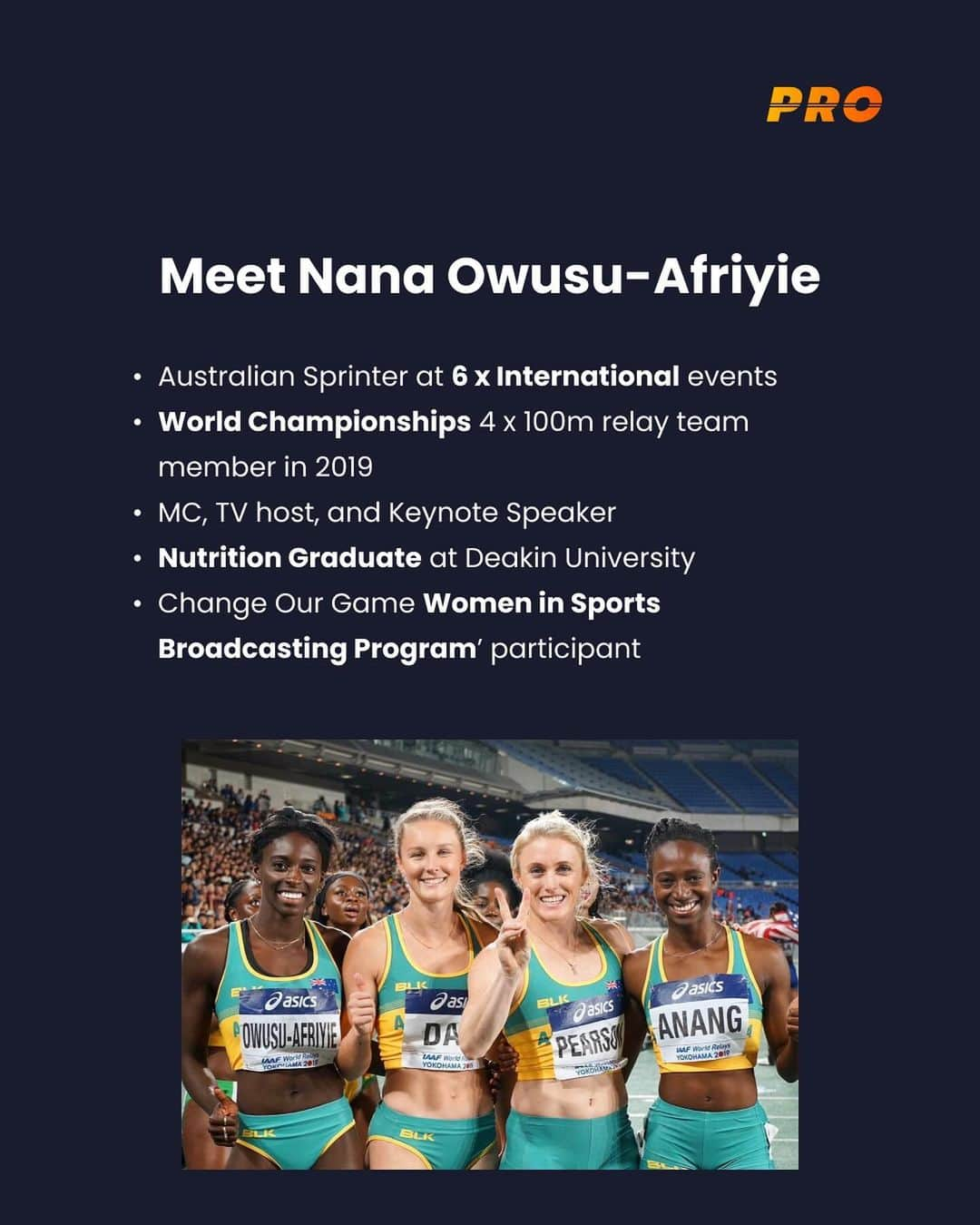 NANA OWUSU-AFRIYIEさんのインスタグラム写真 - (NANA OWUSU-AFRIYIEInstagram)「Meet Nana Owusu-Afriyie, an Australian sprinter and sports media talent. Nana has competed in six international competitions including the women's 4x100 metres relay event at the 2019 World Athletics Championships, and after an injury-prone couple of years, is eyeing off the 2024 Paris Olympic Games.  Nana is also a Nutrition Graduate from Deakin University and completed the ‘Change Our Game Women in Sports Broadcasting program’, offered through the Office for Women in Sport and Recreation.  If you want to learn how she juggles it all whilst pushing high standards, let’s dive in.  Read her blog via the link in our bio.」11月22日 14時09分 - nanaaowusu