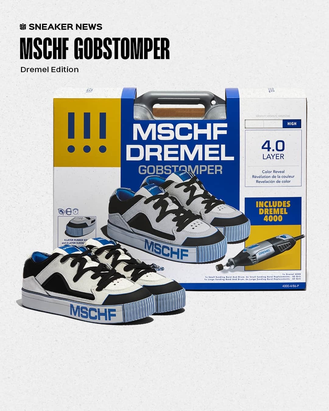 Sneaker Newsさんのインスタグラム写真 - (Sneaker NewsInstagram)「MSCHF x Dremel was not on our 2023 Bingo card 🧰⁠ ⁠ The Brooklyn-based studio has unveiled the next edition of its Gobstomper design. Like Wonka's iconic Gobstopper candy, the sneaker features layers all-throughout its upper and sole unit, revealing a bold array of colors. The "Dremel Edition" allows owners to start personalizing their pairs straight out of the box without the need for natural wear-and-tear thanks to the included Dremel 4000 power tool. ⁠ ⁠ You can add the shoes and tool to your collection on November 28th for $350 USD. ⁠ ⁠ Tap the LINK IN BIO for more.」11月22日 5時45分 - sneakernews