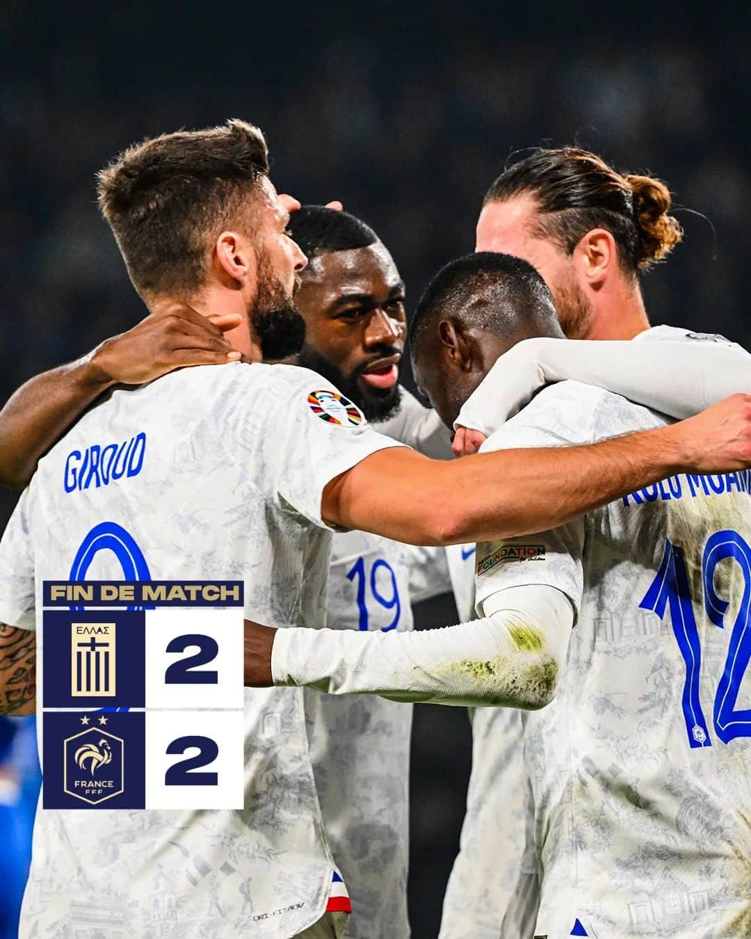 サッカー フランス代表チームのインスタグラム：「🔚 C'est terminé en Grèce sur ce score de parité (2-2).  Les Bleus achèvent leur campagne de qualification à l’Euro 2024 en restant invaincus (7 victoires ✅ et 1 match nul 🤝)  🇬🇷2-2🇫🇷 | #GREFRA | #FiersdetreBleus」