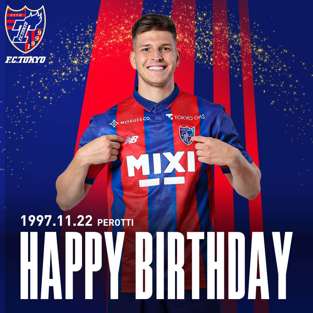 FC東京オフィシャルグッズのインスタグラム：「🎉 💙- 𝙃‌𝘼‌𝙋‌𝙋‌𝙔‌𝘽‌𝙄‌𝙍‌𝙏‌𝙃‌𝘿‌𝘼‌𝙔 -❤️  🔵🔴1997.11.22 今日は #ペロッチ 選手の誕生日です!!✨🥳🎂  ペラ、お誕生日おめでとうございます!!💙❤️😆🎉 @perotti19  @fctokyoofficial  #HBD #誕生日 #おめでとう  #fc東京 #fctokyo #tokyo」
