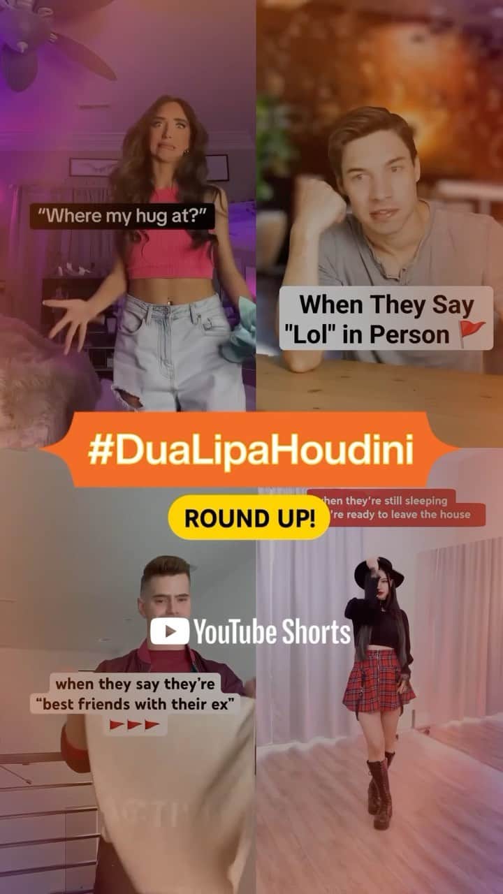 YouTubeのインスタグラム：「def guilty 🫥 join @iamjordiofficial, @josiahschneider, @thefitnessmarshall, & @eebeelife on Shorts and show Dua Lipa how *you* houdini」