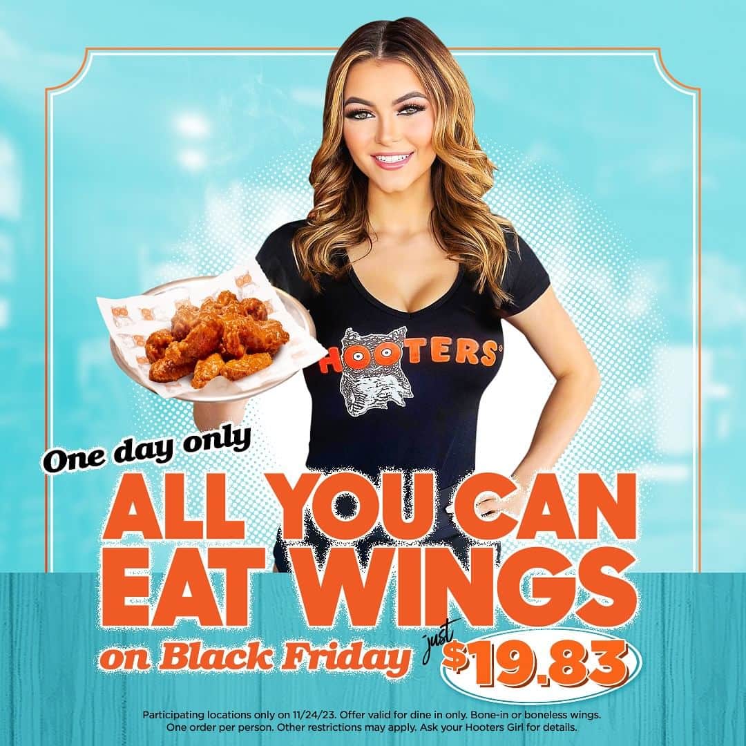 Hootersのインスタグラム：「When you’ve had your fill on family, take advantage of Hooters Black Friday deal to fill up on wings instead. They’ll keep on comin’ for just $19.83, so take all the time you need.」