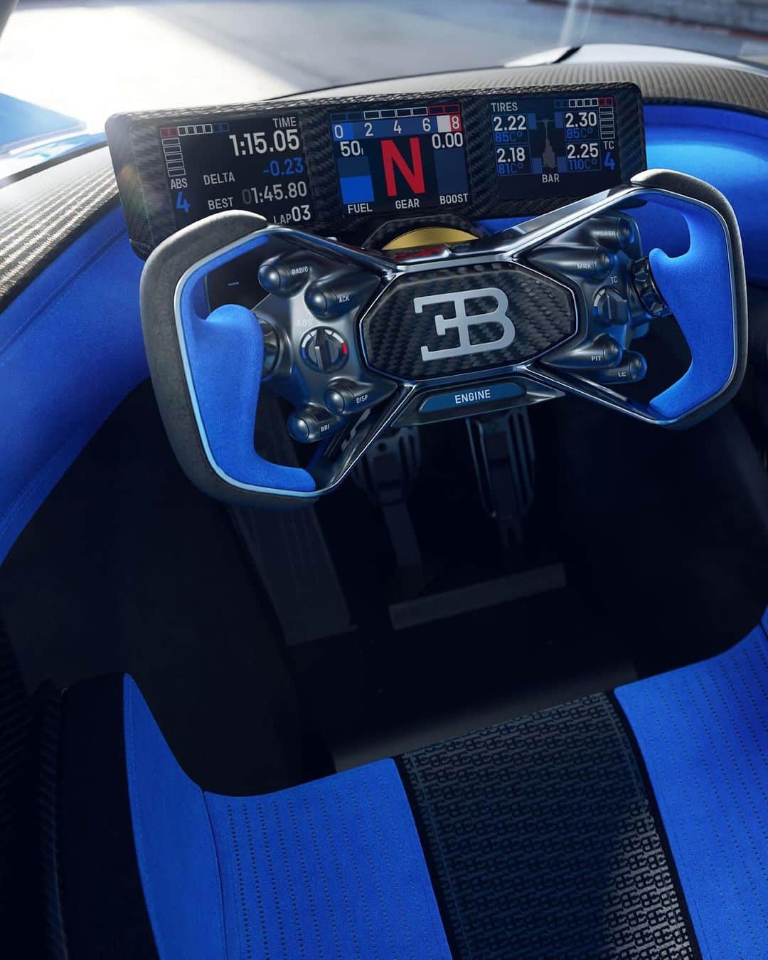 ブガッティさんのインスタグラム写真 - (ブガッティInstagram)「Step behind the wheel of the most extreme BUGATTI ever. Thanks to the creation of an all-new lightweight and high-strength monocoque, every facet of the BOLIDE's interior has been created specifically for BUGATTI’s track-only hyper sports car.  The visionary high-tech steering wheel is built around an ‘X-theme’ structure – mirroring the BOLIDE's rear lights. The design of the steering wheel features a tight, compact and ergonomic package with eight key buttons placed optimally for ease of functionality when driving on track and dealing with the G-forces the BOLIDE creates.  #BUGATTI #BOLIDE – WLTP: bugatti.link/consumption」11月23日 0時03分 - bugatti