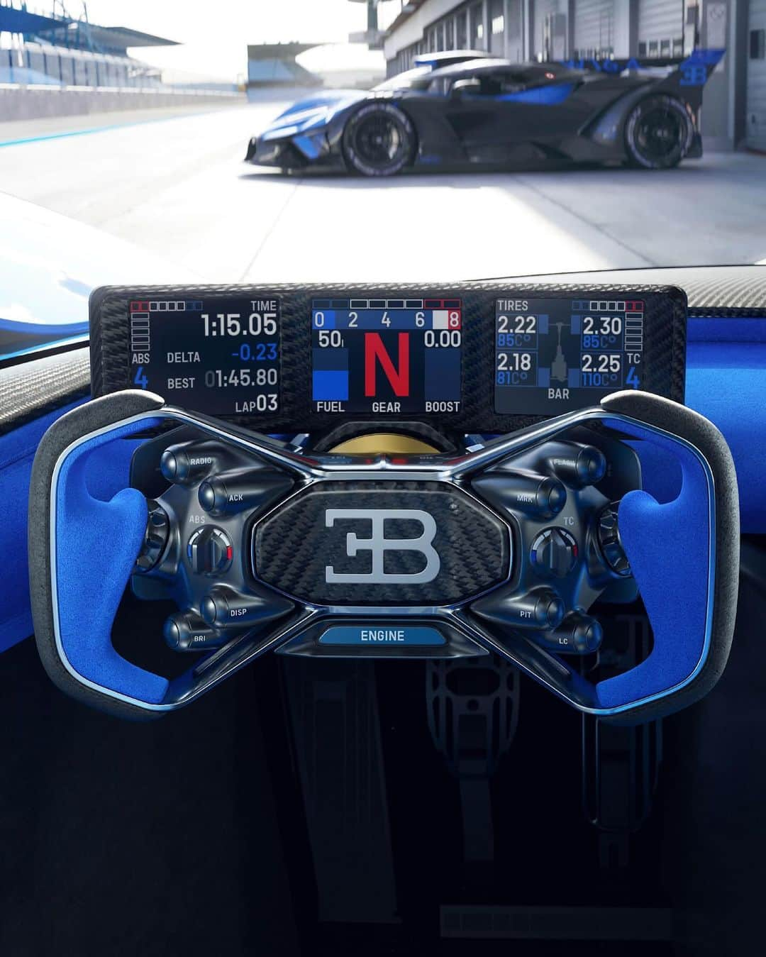 ブガッティのインスタグラム：「Step behind the wheel of the most extreme BUGATTI ever. Thanks to the creation of an all-new lightweight and high-strength monocoque, every facet of the BOLIDE's interior has been created specifically for BUGATTI’s track-only hyper sports car.  The visionary high-tech steering wheel is built around an ‘X-theme’ structure – mirroring the BOLIDE's rear lights. The design of the steering wheel features a tight, compact and ergonomic package with eight key buttons placed optimally for ease of functionality when driving on track and dealing with the G-forces the BOLIDE creates.  #BUGATTI #BOLIDE – WLTP: bugatti.link/consumption」