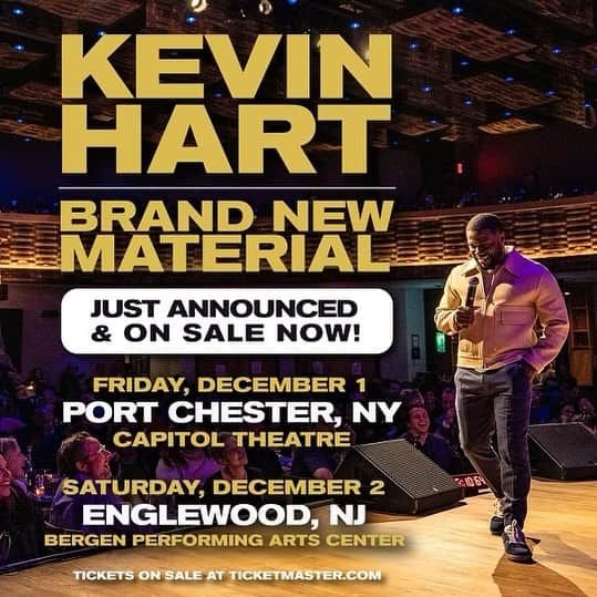 ケビン・ハートのインスタグラム：「Just announced! Brand new material coming your way NY & NJ! Friday, Dec. 1 at Capitol Theatre in Port Chester, NY and Saturday, Dec. 2 at BergenPAC in Englewood, NJ. Tickets ON SALE NOW #comedicrockstarshit」