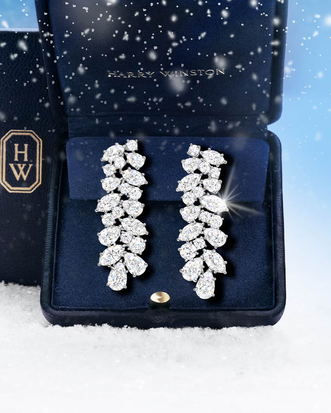 ハリー・ウィンストンのインスタグラム：「Echoing icicles reflecting the winter light, clusters of round brilliant, pear-shaped, and marquise stones illuminate exquisite Winston Cluster Diamond Drop Earrings. Explore frosted jewels fit for the season—link in bio. #WinstonCluster #HarryWinston」