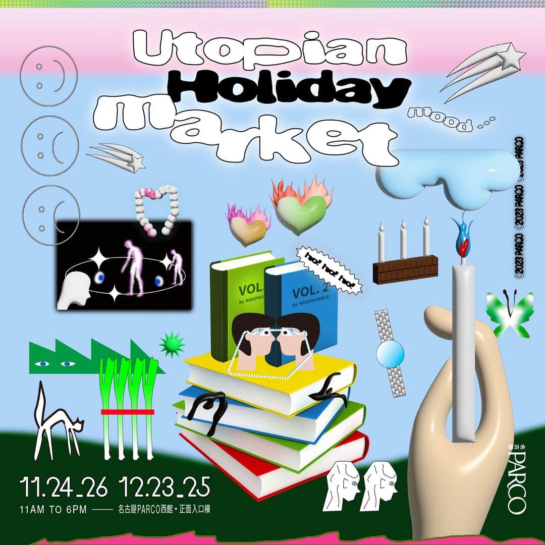 名古屋パルコのインスタグラム：「Utopian Holiday Market   ふわふわ、きらきら、ゆらゆら… ユートピアのようなホリデーシーズンにぴったりの、あなたに、わたしに贈るプレゼントが見つかるマーケット。  お買い物いただくと、メッセージカードにもなる「きらきらステッカー」やオリジナルラッピングも！   《開催日時》 11/24(Fri.) - 26(Sun.) 12/23(Sat.) - 25(Mon.) 11:00-18:00   《開催場所》 西館店頭イベントスペース   《出店者》 ■11/24(Fri.) Q.O.L. COFFEE：コーヒー @q.o.l.coffee_brewers ポムダムールトーキョー：りんご飴 FOOD LIBRARY：食品 @foodlibrary_kitanoace   ■11/25(Sat.) - 26(Sun.) Q.O.L. COFFEE：コーヒー @q.o.l.coffee_brewers LUSH：コスメ・バスボム ポムダムールトーキョー：りんご飴 FOOD LIBRARY：食品 @foodlibrary_kitanoace  ■12/23(Sat.) - 25(Mon.) hikure. COFFEE ROASTERS：コーヒー @hikure.coffeeroasters 美鶴堂：古本 @beezel_do C7Cgalleryandshop：ZINE @c7cgalleryandshop LUSH：コスメ・バスボム   --------- illustration : yunbomu @yunbomu design : ryota ebina (eieio) @eieio_bot direction : NAGOYA PARCO」