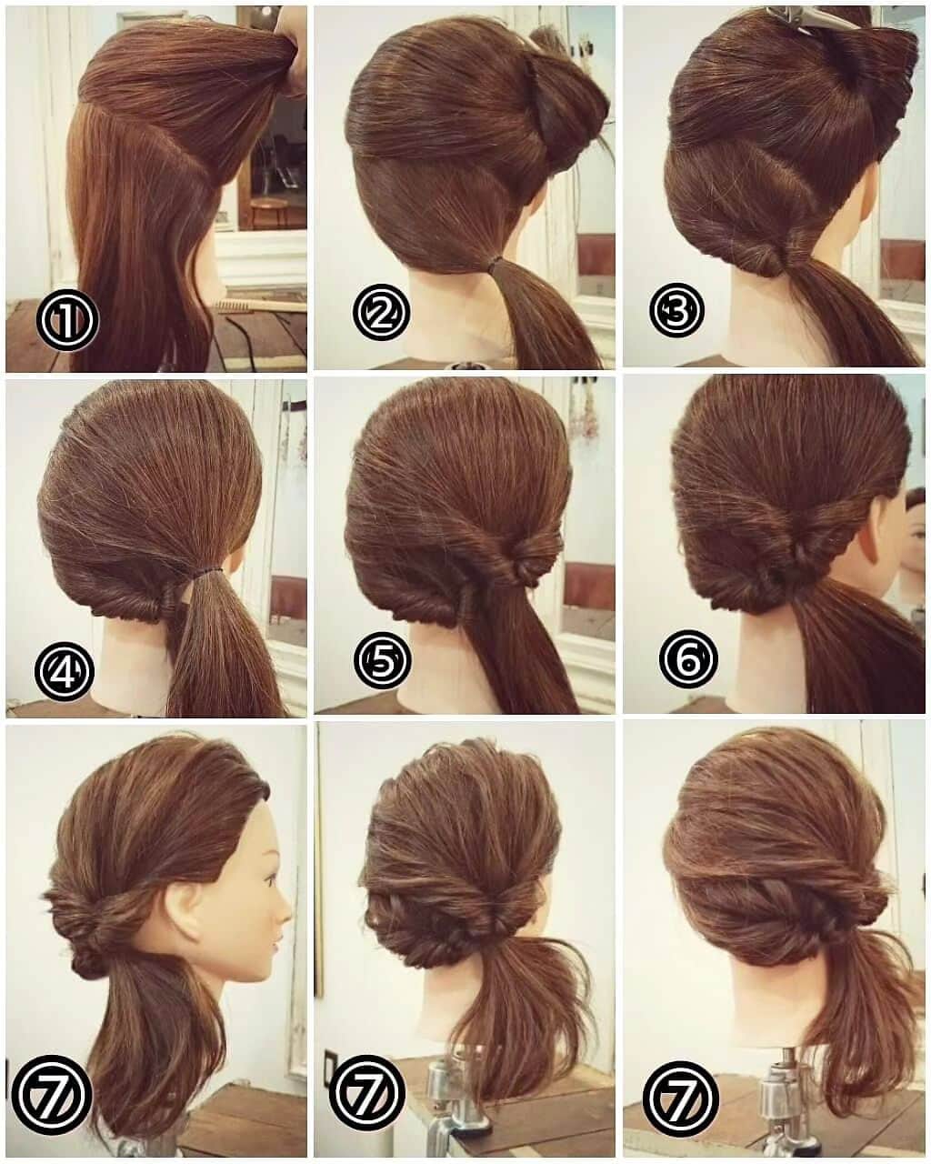 nest hairsalonのインスタグラム：「くるりんぱアレンジ  ① サイドから斜めに耳の後ろまで2つに分けます ② 下の部分をみつ襟あたりで結びます ③ それをくるりんぱ ④ 上の部分を結びます ⑤ またそれをくるりんぱ ⑥ 2つの束をゴムで1つにまとめます ⑦ バランスを見ながら柔らかく崩したら完成です」