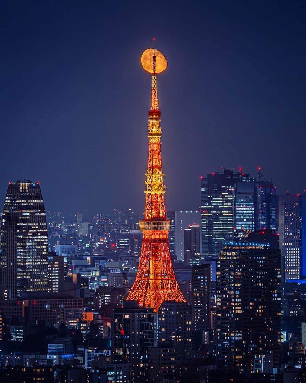 東京タワーのインスタグラム：「. 東京タワーの真上で輝く大きなお月様。   東京タワーが突き刺さり、 オレンジ色のランドマークライトを吸い込んで 同じ色に輝いているみたいです！😊   最近は、東京タワーと月の 素敵なお写真がたくさんYour Tokyo Towerに 投稿されていますね。   本日のお写真は、 恵比寿ガーデンプレイスから！   @joshuamellin さん 素敵なお写真をありがとうございました😊  ———————————  【 お知らせ 】  🆕 TikTok  東京タワーの公式TikTokアカウントが 開設されました！  詳細はプロフィールにあるリンクから↓ @tokyotower_official  ■ 公式LINE  東京タワー公式LINEでは 東京タワーのイベント情報を お届けしています！  詳細はプロフィールにあるリンクから↓ @tokyotower_official  ■ Your Tokyo Tower 🗼  # your_tokyotowerで あなたの東京タワーをリポスト！  @tokyotower_official の タグ付けをしてくれると見つけやすいよ！  皆様からの投稿 どしどしお待ちしております！  ———————————  #東京タワー #東京タワー🗼  #tokyotower #tokyotower🗼  #月 #お月様  #moon」