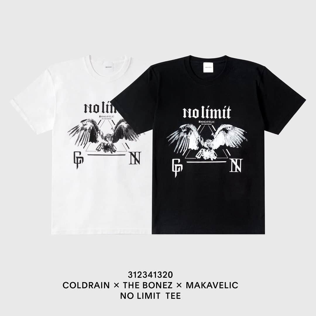 coldrainさんのインスタグラム写真 - (coldrainInstagram)「【MAKAVELIC×coldrain×The BONEZ TRIPLE COLLABORATION 先行販売】  MAKAVELIC 10th Anniversary イベント “NO LIMIT” 開催を記念して、 MAKAVELIC /coldrain / The BONEZによるトリプルコラボレーションアイテムを販売いたします。 イベント当日に先駆けて、12月2日(土)、3日(日)に先行販売をいたします。 会場ではアイテム販売だけではなく、今回イベント用に撮り下ろした両バンドのビジュアルを展示し撮影も可能となっております。 お買い上げいただいた方には先行販売の特典としてNO LIMITオリジナルステッカーをプレゼント。また、その場でMAKAVELICオフィシャルインスタのフォローとLINE登録をしていただいた方には今回撮り下ろしたビジュアルを中心としたNO LIMIT記念冊子をプレゼントいたします。（数に限りがございます。無くなり次第終了となります） この機会をお見逃しなく！ 混雑が予想されますので整理券を当日9:00より配布いたします。 アイテム数にも限りがございます。抽選ではなく先着順となります。  日時 12月2日(土) 12月3日(日) 11:00-19:00  場所 MIL 2ND milgallery.jp　 渋谷区神宮前4-25-29-2F(1F XLAGE店舗)  営業時間 10:00-19:00 (整理券は9:00から配布します) N アイテム NO LIMIT TOTE BAG BLACK 税込15,400円 NO LIMIT TEE  BLACK/WHITE L/XL 税込7,150円 NO LIMIT LS TEE  BLACK/WHITE L/XL 税込9,350円  #makavelic #coldrain #thebonez #makavelicnolimit」11月22日 19時00分 - coldrain_official