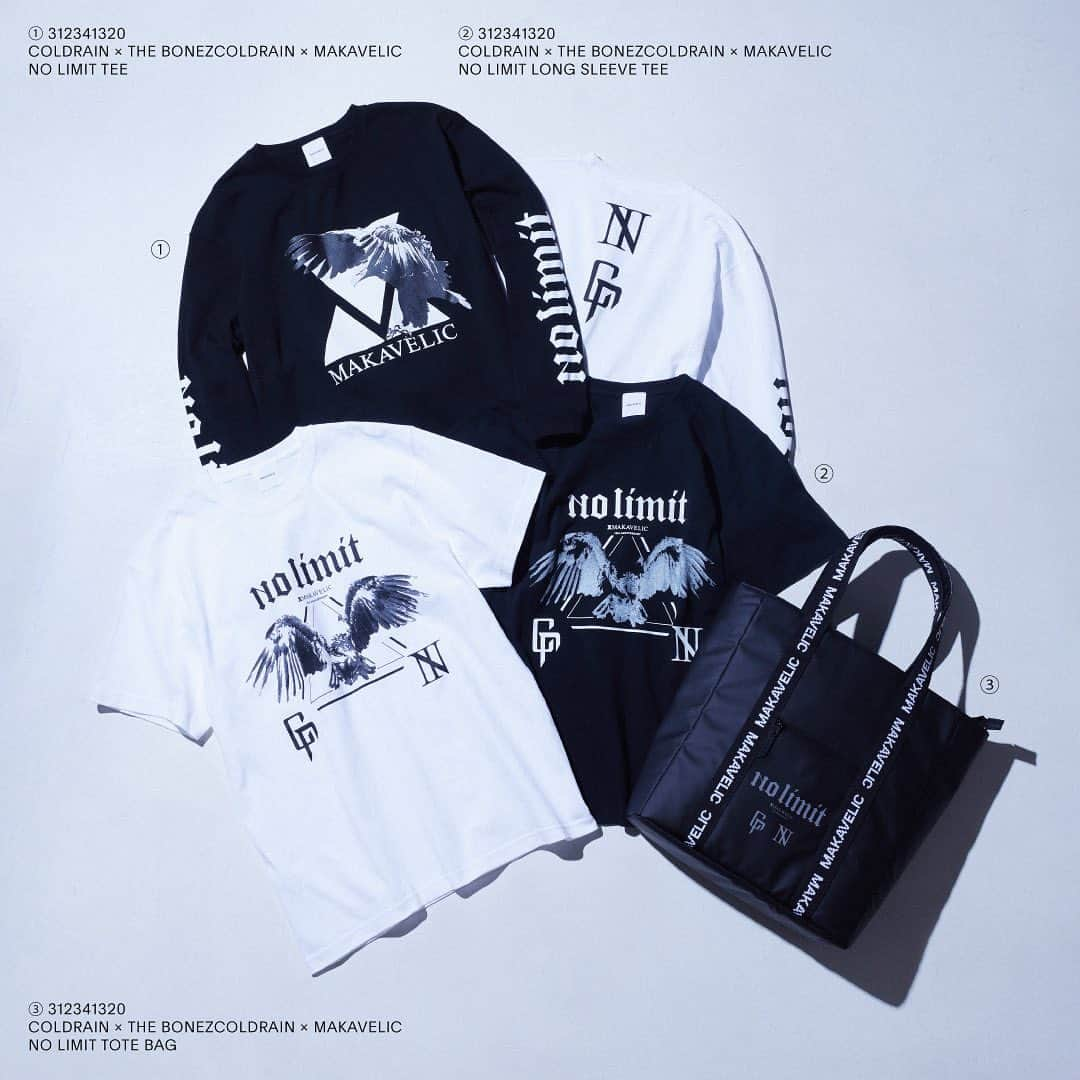 coldrainさんのインスタグラム写真 - (coldrainInstagram)「【MAKAVELIC×coldrain×The BONEZ TRIPLE COLLABORATION 先行販売】  MAKAVELIC 10th Anniversary イベント “NO LIMIT” 開催を記念して、 MAKAVELIC /coldrain / The BONEZによるトリプルコラボレーションアイテムを販売いたします。 イベント当日に先駆けて、12月2日(土)、3日(日)に先行販売をいたします。 会場ではアイテム販売だけではなく、今回イベント用に撮り下ろした両バンドのビジュアルを展示し撮影も可能となっております。 お買い上げいただいた方には先行販売の特典としてNO LIMITオリジナルステッカーをプレゼント。また、その場でMAKAVELICオフィシャルインスタのフォローとLINE登録をしていただいた方には今回撮り下ろしたビジュアルを中心としたNO LIMIT記念冊子をプレゼントいたします。（数に限りがございます。無くなり次第終了となります） この機会をお見逃しなく！ 混雑が予想されますので整理券を当日9:00より配布いたします。 アイテム数にも限りがございます。抽選ではなく先着順となります。  日時 12月2日(土) 12月3日(日) 11:00-19:00  場所 MIL 2ND milgallery.jp　 渋谷区神宮前4-25-29-2F(1F XLAGE店舗)  営業時間 10:00-19:00 (整理券は9:00から配布します) N アイテム NO LIMIT TOTE BAG BLACK 税込15,400円 NO LIMIT TEE  BLACK/WHITE L/XL 税込7,150円 NO LIMIT LS TEE  BLACK/WHITE L/XL 税込9,350円  #makavelic #coldrain #thebonez #makavelicnolimit」11月22日 19時00分 - coldrain_official