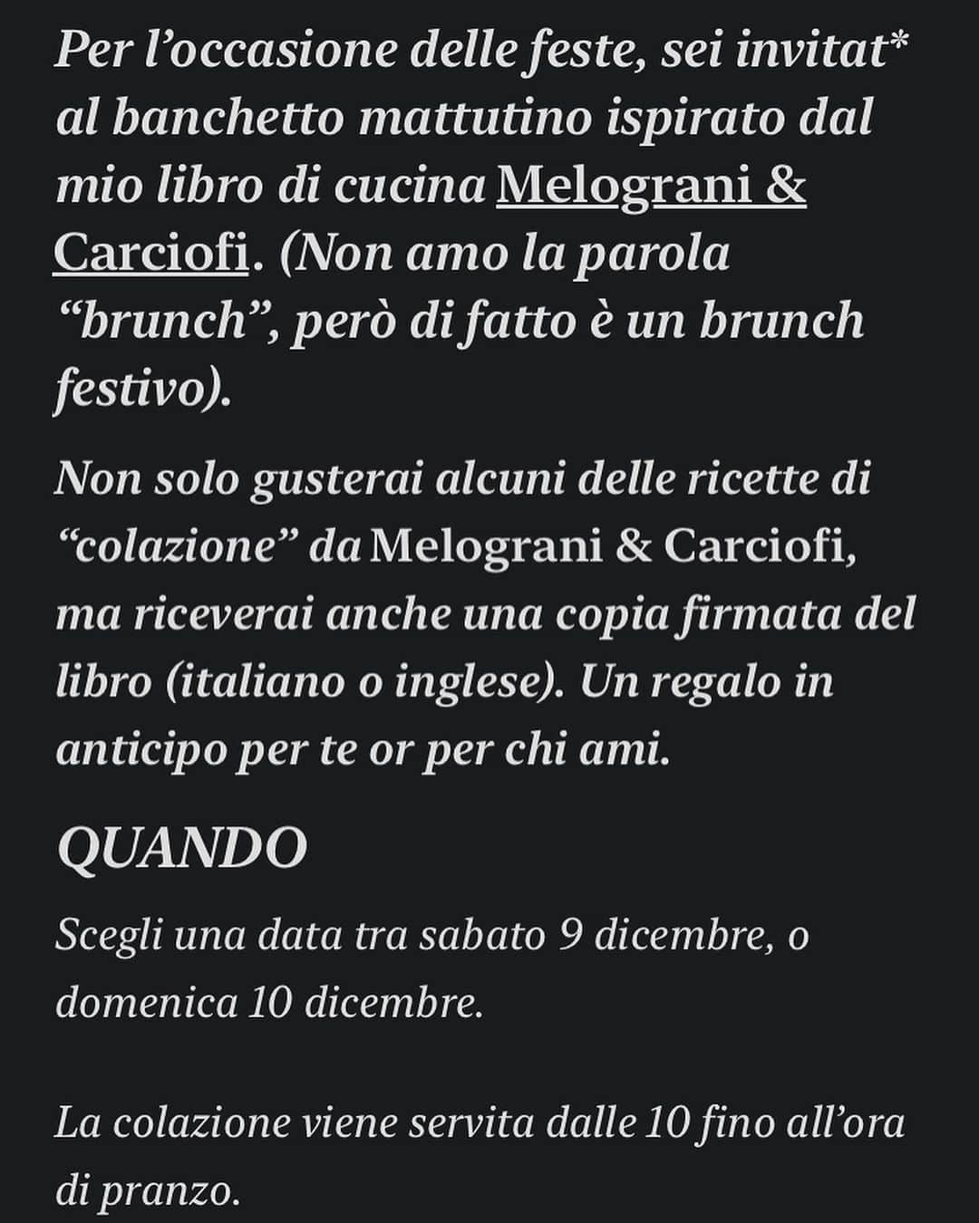 Saghar Setarehさんのインスタグラム写真 - (Saghar SetarehInstagram)「EVENT ANNOUNCEMENT: Come have breakfast with me in Rome on Saturday December 9 [UPDATE: Sunday December 10 is SOLD OUT!]  You are invited to a festive morning banquet (I don’t like to use the word “brunch”, but yeah, it is a brunch) inspired by the recipes in my book Pomegranates & Artichokes, plus a few extra things.  Not only will you taste some of the breakfast recipes from Pomegranates & Artichokes, you will also get a signed copy of the book (in English or Italian), included in the price. An early Christmas present for you or a loved one.  I have long wanted to host a breakfast feast. Here are some of the things that are on the menu: Sheermal Bread (a brioche bread with milk and saffron from Iran), Lavash bread, Fattah (toasted flatbread layered with a lemony, yogurt sauce with tahini, chickpeas and topped with pine nuts and fresh herbs, served as weekend breakfast in Syria), Filo triangles stuffed with feta, drizzled with honey (from Turkey and Greece), Necci (chestnut pancakes from Tuscany), served with Ricotta and honey / salame and cheese, An orange scented rice cake (Southern Italy), Date frittata (Iran), Soft/hard boiled eggs.  All the details (price and booking) is on my (long neglected) substack, linked in bio! Spots are few and filling up fast!  Hope to see you for breakfast!」11月22日 19時01分 - labnoon