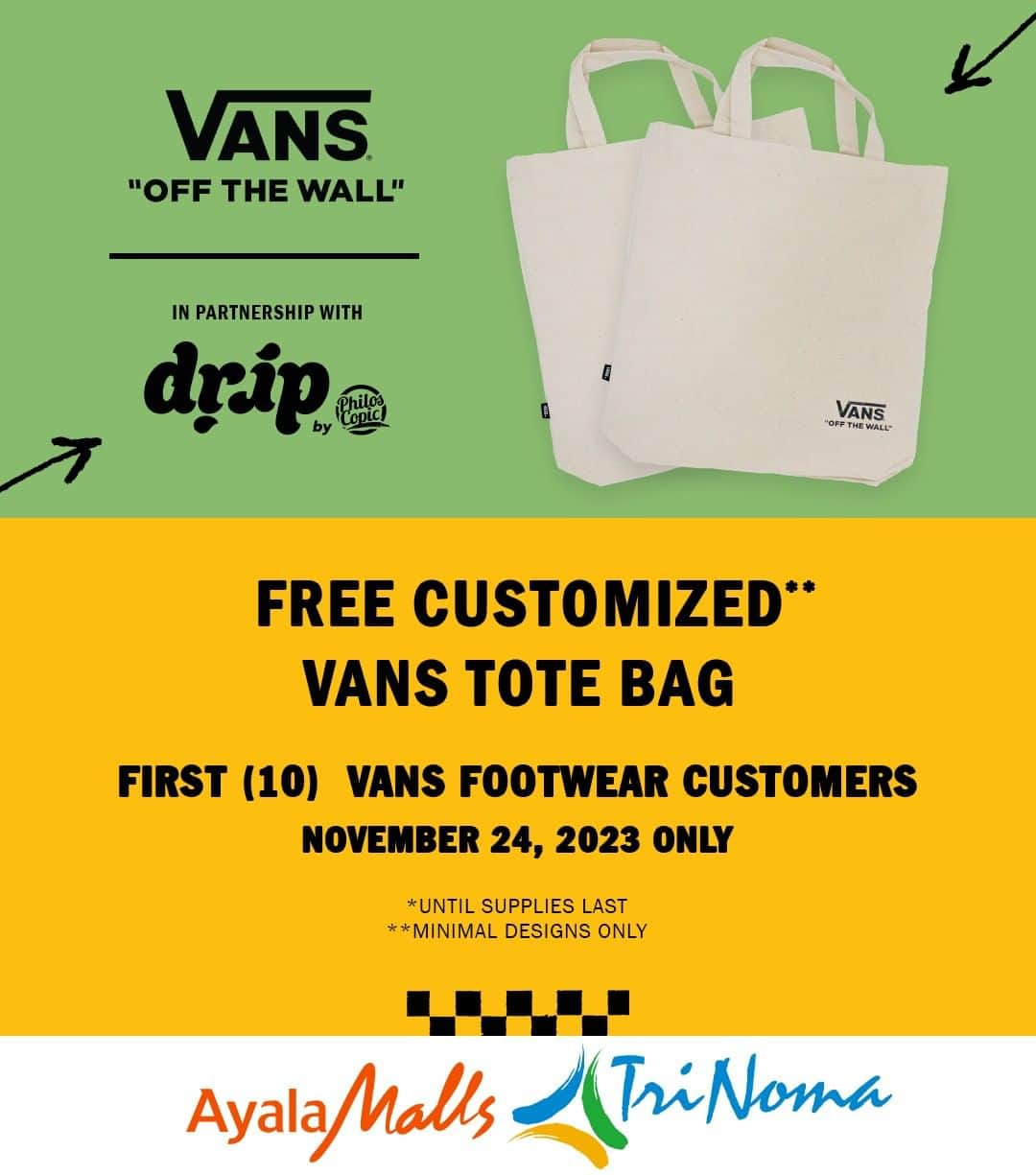 Vans Philippinesさんのインスタグラム写真 - (Vans PhilippinesInstagram)「Roll thru our fresh spot at Ayala Malls, Trinoma! We're bout to mix things up with Vans tote bag custom collabs, teamin' up with @dripbyphiloscopic  Get ready to bounce when our DJ's drop the beats on November 24!   See you there, Fam!   #VansPHxTrinoma」11月22日 19時01分 - vansphilippines