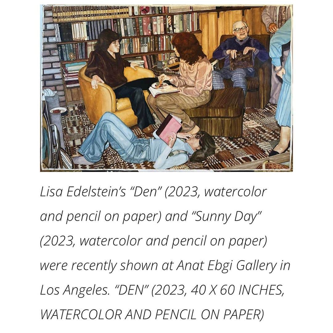 リサ・エデルシュタインのインスタグラム：「Excerpts from @angelenomagazine ! — By @lauraecksteinjones | November 16, 2023 | People Art People Feature  The Den, a recent show at Anat Ebgi’s Wilshire Blvd. gallery showcased Edelstein’s latest pieces, watercolor and pencil creations based on old photographs and stills from family movies. Although the works feature Edelstein’s own family, “you don’t need to know the people in the paintings, because you recognize them as human beings,” she says. “I love discovering details in the grainy old photos and film stills, discovering secret cigarettes, gestures, glares… They aren’t necessarily the images one would have put in a photo album; they’re the mistakes, the asides, the caught moments that are so much more honest to me.”  Something particularly timely about Edelstein’s artwork is its representation of Jewishness. “We are a people that is both extremely visible as a minority group and yet simultaneously dismissed as being one,” she explains. “And right now, especially right now, it feels radical to put a yarmulke in a painting. But it’s important. Representation helps us recognize each other, humanize each other, and remember we are all in it together.”  Edelstein’s work is currently on view in Rebuilding Bridges, a group show curated by @megsmegsmegs Megan Steinman, founding director of @theundergroundmuseum, at @spagobh through Feb. 1. She also stars in a recently released @pbs series called @littlebird.series and will appear in a SAG-AFTRA interim-agreement-approved indie film that’s currently in post-production.  “I’m incredibly grateful that I can do things that transport me out of the normal stresses of everyday life,” Edelstein shares. “I love to work, I love to hyper-focus, I love to dive into my imagination. What a blessing it is, that, as an adult, all these things could be parts of how I make a living and move through the world.”」