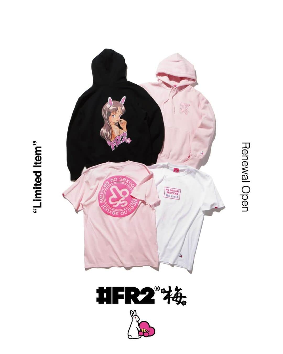 #FR2梅(UME)のインスタグラム：「#FR2梅　Renewal opening commemorative limited item　🐇🐇🩷  We will be selling the following products starting on 23/11/2023(Thu)  2023/11/23(Thu).より下記の商品を発売します。  ▪️FRC2772 NOSS Foam Print T-shirt (梅) ▪️FRC2773 Bunny Girl Hoodie (梅)  #FR2梅 #fxxkingrabbits #頭狂色情兎」