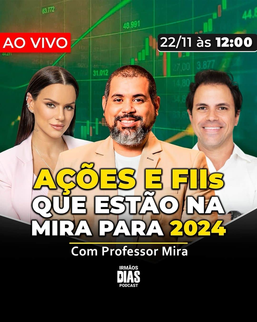 Carol Diasのインスタグラム：「Hoje teremos podcast AO VIVO - 12h ⏰   Hoje o incrível @professormira vai falar tudo sobre ações e fundos imobiliários para 2024. ✅  🚨 Se você quer saber, fique atento e corre lá no YT para ativar as notificações no nosso canal!  🔔 Meio-dia, não perde!」