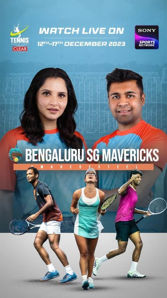 サニア・ミルザのインスタグラム：「𝐌𝐚𝐝𝐞 𝐨𝐟 𝐒𝐭𝐞𝐞𝐥!🎾⚡  Get ready to witness the perfect blend of skill and determination of Bengaluru SG Mavericks in the revolutionary 𝟮𝟬-𝗽𝗼𝗶𝗻𝘁 𝗳𝗼𝗿𝗺𝗮𝘁 of Tennis Premier League Season 5 powered by @clearpani 🏆  𝗘𝗩𝗘𝗥𝗬 𝗣𝗢𝗜𝗡𝗧 𝗠𝗔𝗧𝗧𝗘𝗥𝗦 and our team is all set with the legendary @mirzasaniar leading the charge.   @ramkumar_ramanthan, @vishnu_vardhan9 & @arinarodio are all geared up to showcase their ace game! 🙌🔥  📢🎉Join us on @sonysportsnetwork, the Home of Tennis from 1️⃣2️⃣th-1️⃣7️⃣th December 2023 to witness the magic unfold   #AajaMaidanMein #TPL5 #TennisPremierLeague #Tennis #IndianTennis #TPL2023 #TPL5 #clearpani #veeba #wolPowerEnergy #BengaluruSGMavericks #Bengaluru #SaniaMirza #RamkumarRamanathan #VishnuVardhan #ArinaRodionova #Madeofsteel」