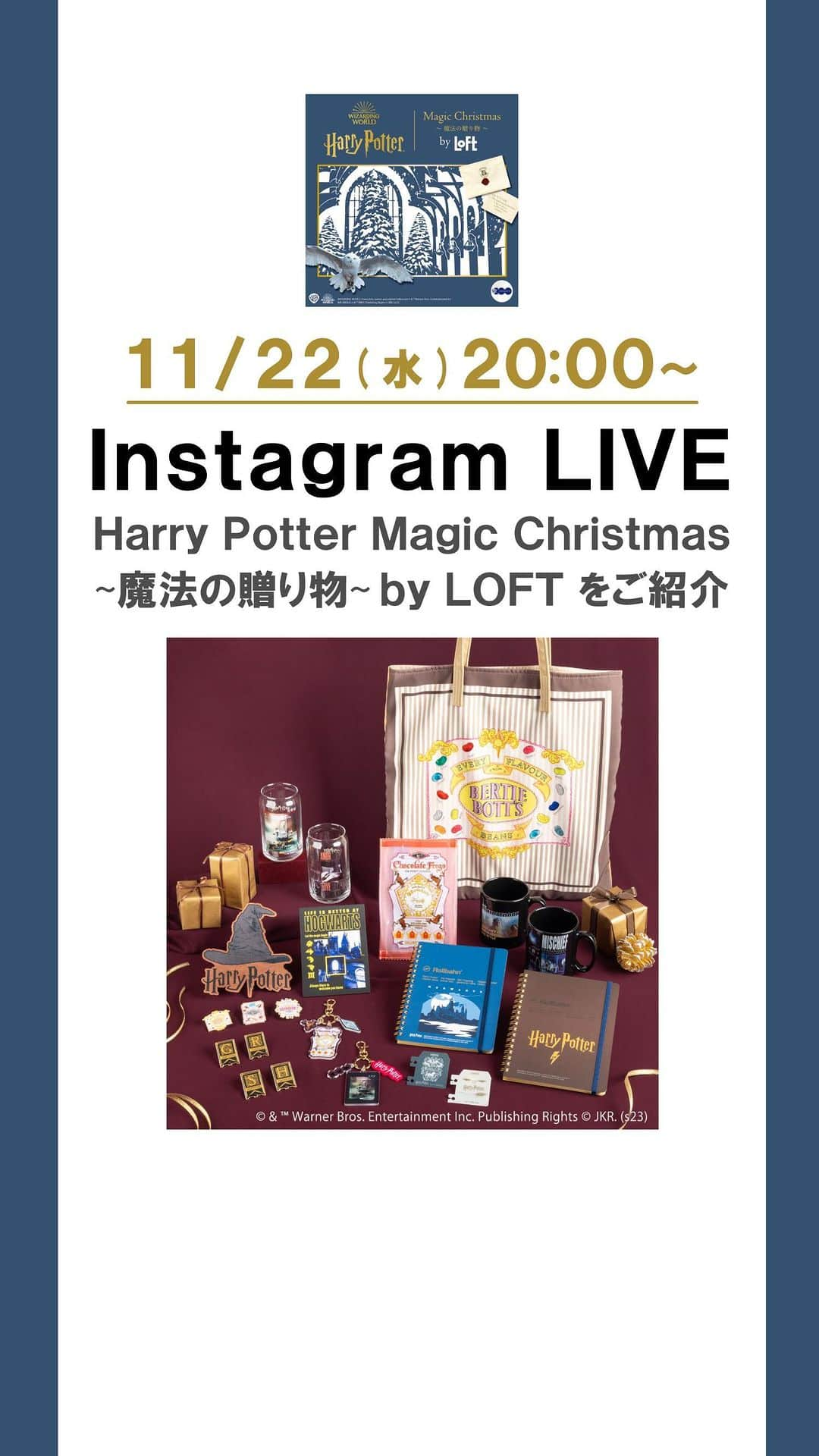 LOFT公式アカウントのインスタグラム：「⠀ 全国のロフト・ロフトネットストアにて、11月23日(木・祝)より今年創立100周年を迎えるワーナー・ブラザースの大人気映画『Harry Potter』シリーズとコラボレーションし、「Harry Potter Magic Christmas ～魔法の贈り物～ by LOFT」を開催します。  「魔法の贈り物」をテーマに、ホリデーギフトにもぴったりのアイテムを取りそろえました。 “かぼちゃジュース”や“カエルチョコレート”をモチーフにしたアクリルチャーム、ホグワーツ魔法魔術学校の4寮をモチーフにしたピンバッチなど、発売に先駆けて、アイテム全ラインナップをご紹介します！  @loft_bungu #ハリーポッター #harrypotter #ハリポタ #魔法ワールド #ロフト限定 #ハリポタグッズ #ワーナーブラザース #warnerbros #ホグワーツ魔法魔術学校 #魔法の贈り物 #クリスマス #christmas #クリスマスプレゼント #文具 #ロフトブング #ロフト #loft #インスタライブ #instalive」