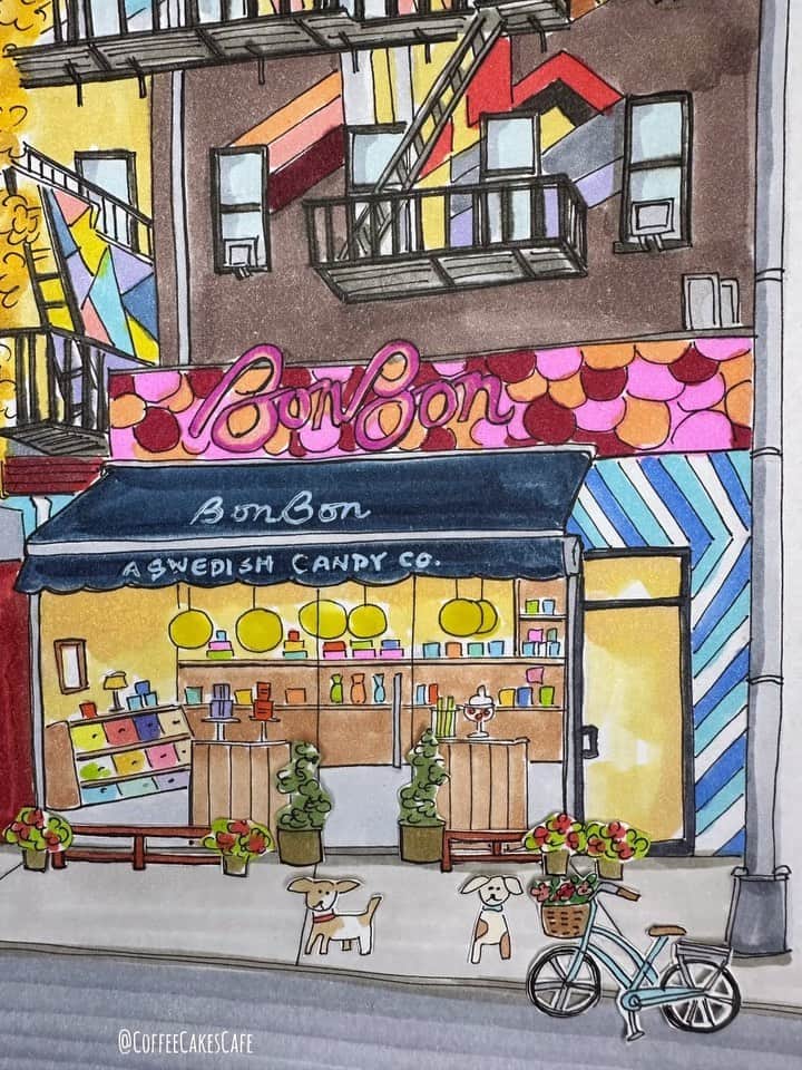 RIASIMのインスタグラム：「How cute is this shop?! Oh my…candy land on Allen St! There’s something so magical about a candy shop. Don’t know if it’s the nostalgia of a past experience, or the feeling we get when we see our favorite treat, or simply because it triggers our senses and it’s blissfully delightful! Take a peek at @bonbonnyc_ 💕 I think it will satisfy all our candy cravings! 🍭🍬🍫 . This illustration is of their LES location : 130 Allen St 🍭 . They are also located in Brooklyn ( 705 Driggs Av ) and UES ( 1220 Lexington Av )  . Have a sweet day everyone! 💕🍭🍬🍫💕 . . . . . . . #lowereastside #lowereastsidenyc #storefront #storefrontcollective #stopmotionanimation #coffeecakescafe #prettycitynewyork #westvillagelife #made_in_ny #nycartist #candyshop #facadelovers #bonbonnyc」