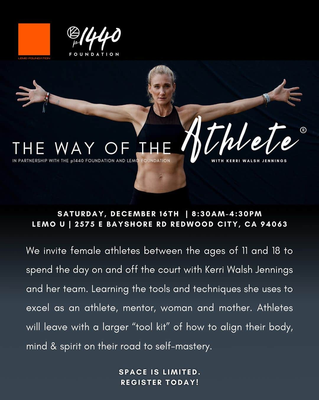 ケリー・ウォルシュ・ジェニングスさんのインスタグラム写真 - (ケリー・ウォルシュ・ジェニングスInstagram)「The Way of the Athlete with Kerri Walsh Jennings! 🙌🏐  We are so excited to announce our partnership with @platform1440 Foundation and @kerrileewalsh to bring you "The Way of the Athlete"!   On December 16th, we invite female athletes between the ages of 11 and 18 to spend the day on and off the court with Kerri Walsh Jennings and her team. Learning the tools and techniques she uses to excel as an athlete, mentor, woman and mother. Athletes will leave with a larger "tool kit" of how to align their body, mind & spirit on their road to self-mastery.  Link in our bio to register! Space is limited, so sign up today! 🙌🔥」11月23日 9時27分 - kerrileewalsh