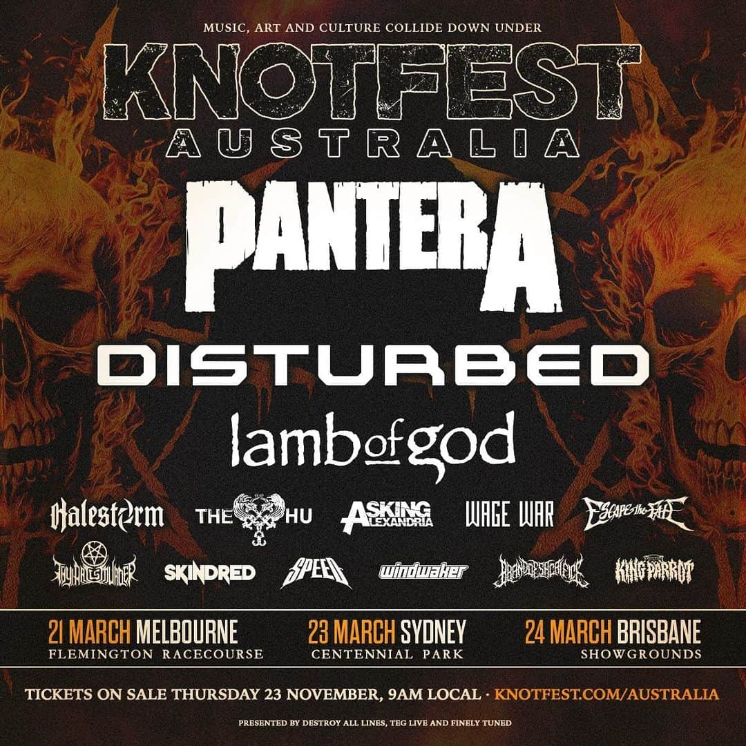 Slipknotのインスタグラム：「Our family Down Under: KNOTFEST AUSTRALIA returns March 2024, this time headlined by Pantera with Disturbed, Lamb of God and many more. Enjoy. Stay (sic). We’ll see you again in years to come. Tickets on-sale now at knotfestau.com / @knotfestau    @panteraofficial  @disturbed  @lambofgod  @halestormrocks  @thehuofficial  @askingalexandria  @wagewar  @escapethefate  @thyartinstagram  @skindredmusic  @gangcalledspeed  @windwakerofficial  @brandofsacrificemetal  @kingparrotband」