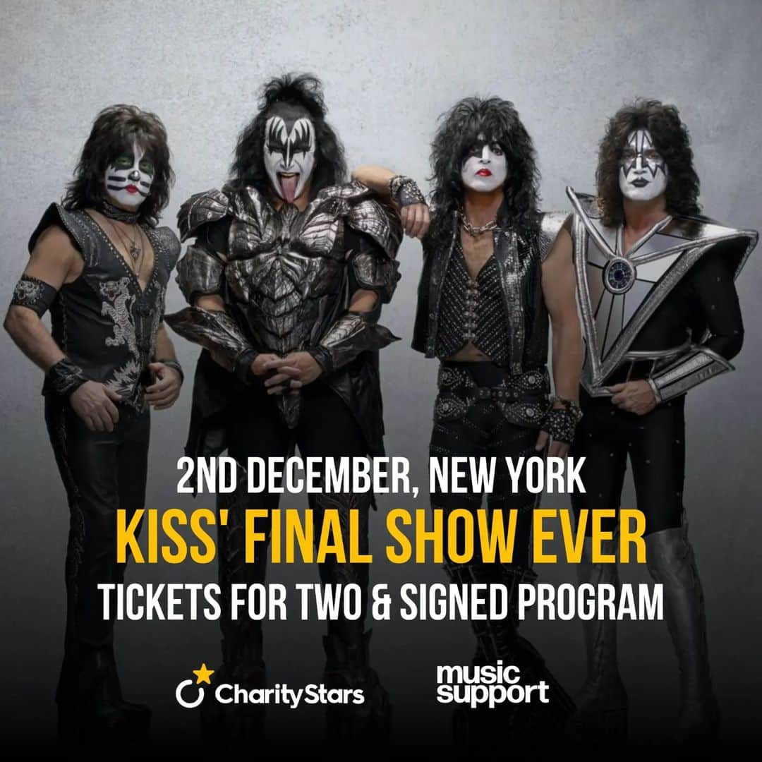 KISSのインスタグラム：「From @musicsupport_uk   From: Music Support   THANK YOU to iconic rock legends KISS for donating this epic prize package to their final ever show to raise funds for our crucial work in supporting our music industry peers impacted by mental ill-health and or/addiction. Find out more & bid to win👉bit.ly/mskiss」