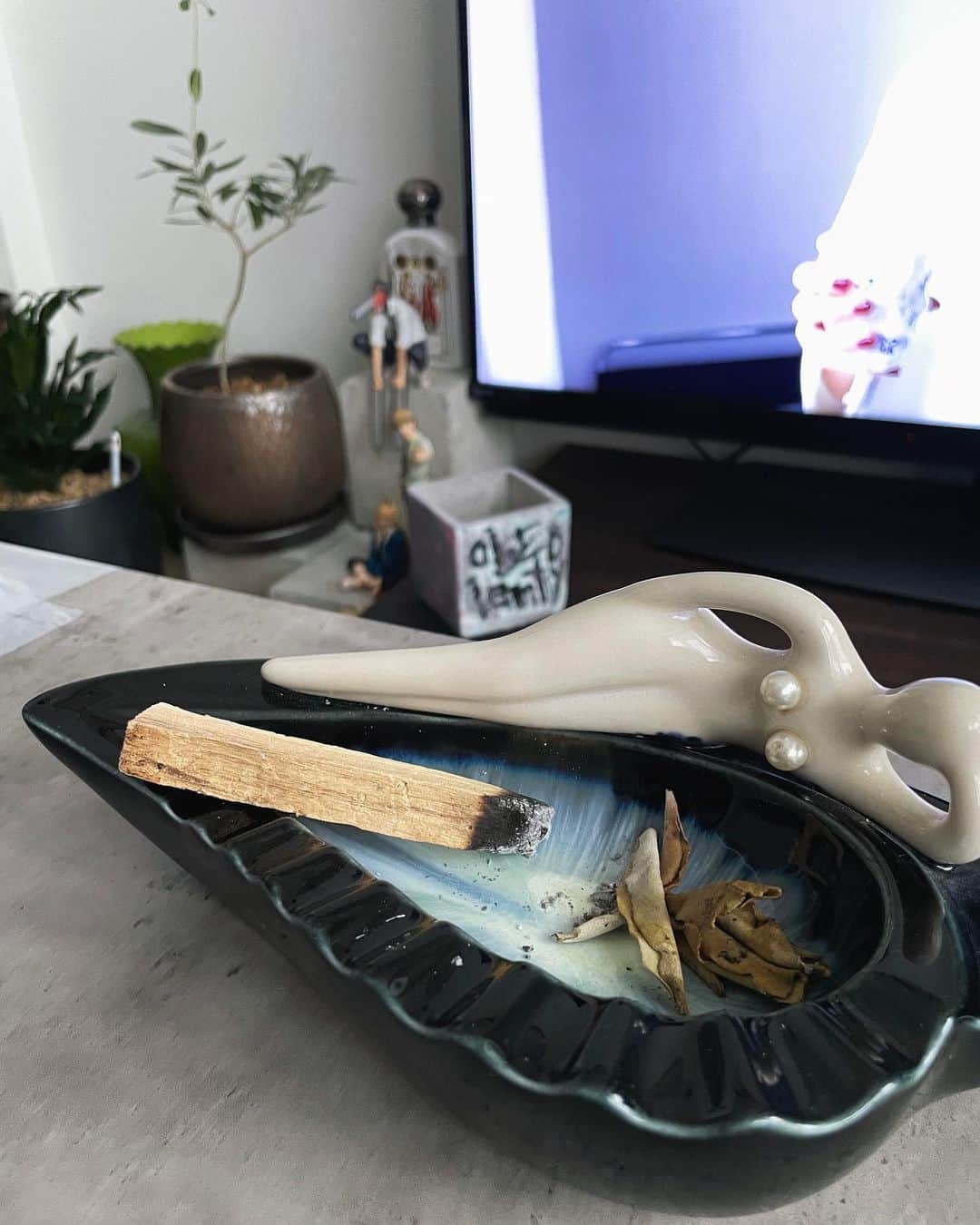 加藤優希のインスタグラム：「. . 朝のroutine🥣 . パロサント焚いて ゼラニウム垂らすとこからstart🧘🏼‍♀️ . お気に入りの灰皿 かわいいでしょ🦭 . #ゼラニウム配合の香りは自分の安定剤 #ロールオンでもいつも持ち歩いてる #心がふあぁってなる .」