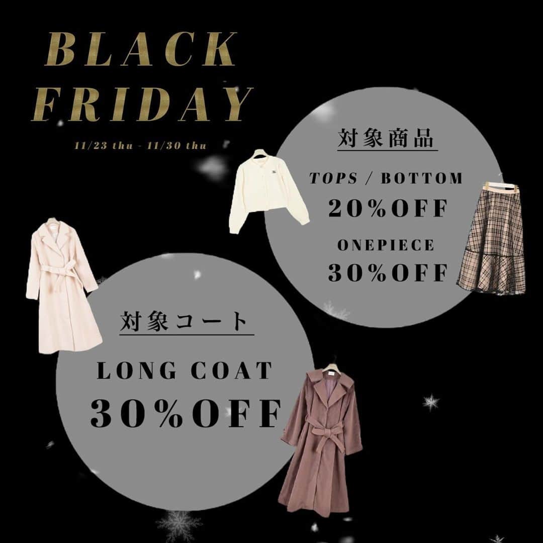 のインスタグラム：「♥︎ BLACK FRIDAY ♥︎ 11/23(木) - 11/30(木)全店舗にて開催📣 ㅤㅤㅤㅤㅤㅤㅤㅤㅤㅤㅤㅤㅤ ❶ 2点以上で20%OFF‼️ ㅤㅤㅤㅤㅤㅤㅤㅤㅤㅤㅤㅤㅤ ❷ 対象商品！ トップス / ボトムス 20%OFF❗️ ワンピース / ロングコート 30%OFF❗️ ㅤㅤㅤㅤㅤㅤㅤㅤㅤㅤㅤㅤㅤ 年に一度のスペシャルな期間となっております✨ ㅤㅤㅤㅤㅤㅤㅤㅤㅤㅤㅤㅤㅤ※ 店舗先行開催となっております。 ㅤㅤㅤㅤㅤㅤㅤㅤㅤㅤㅤㅤㅤ #アンミール #anmille #ブラックフライデー #blackFriday」