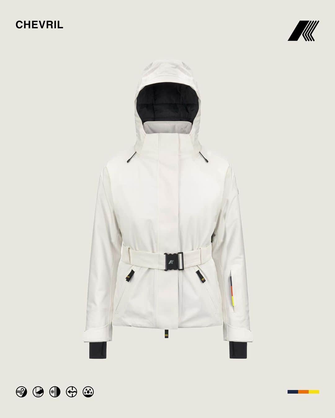 ケイウェイのインスタグラム：「Conquer mountain peaks and urban snowscapes in style with Chevril micro twill 2 layers, K-Way's high-performance women's jacket. Embrace the bold design, featuring a cozy yet feminine silhouette and a distinctive waist belt for that unmistakable K-Way touch. Packed with functionality, from the skipass pocket to inner stretch cuffs, this jacket is your winter essential.    #KWAY」