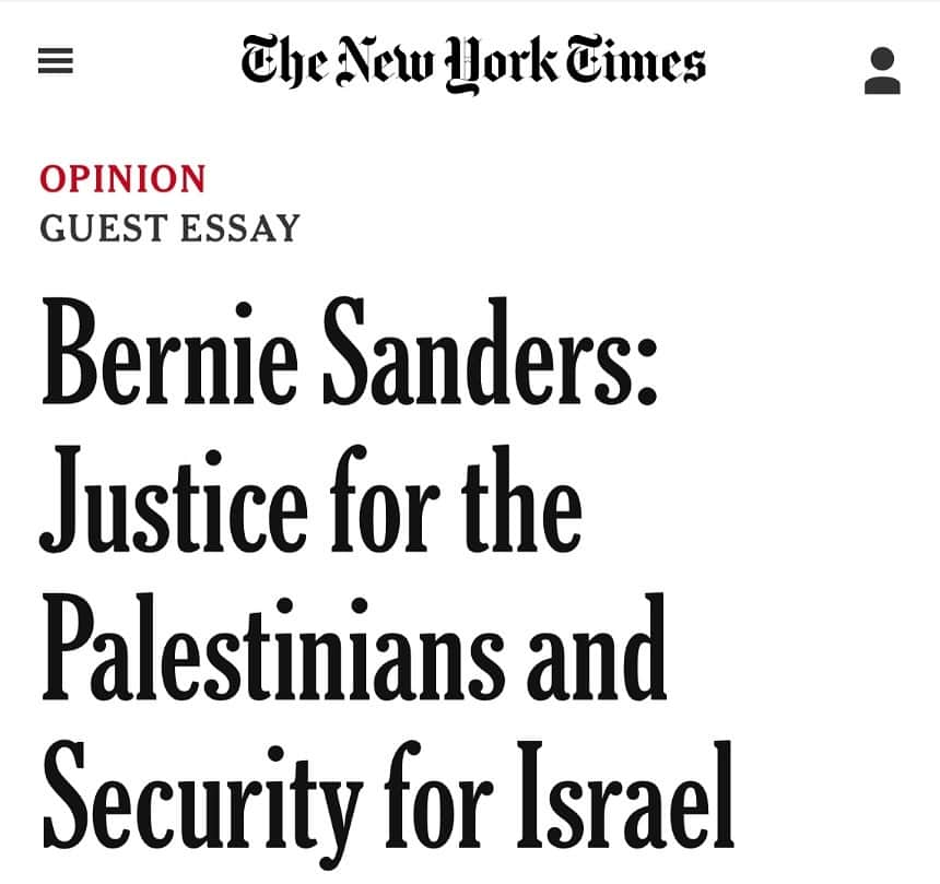 バーニー・サンダースのインスタグラム：「Justice for Palestinians. Security for Israel. Please read the op-ed I wrote for the New York Times.  https://www.nytimes.com/2023/11/22/opinion/bernie-sanders-israel-gaza.html」