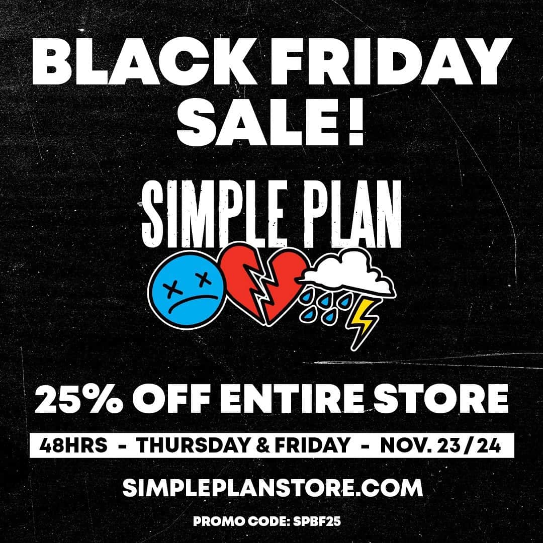 Simple Planのインスタグラム：「Had your eye on something in our merch store recently?? Well now might be your chance to grab it! 🤩🤩🤩 Our Black Friday sale kicks off tonight at midnight and we’re giving you 25% off our entire store! You’ve only got 48 hours so don't miss out! Head to simpleplanstore.com and make the most out of it! 🙌🙌🙌  Use the code SPBF25 !」