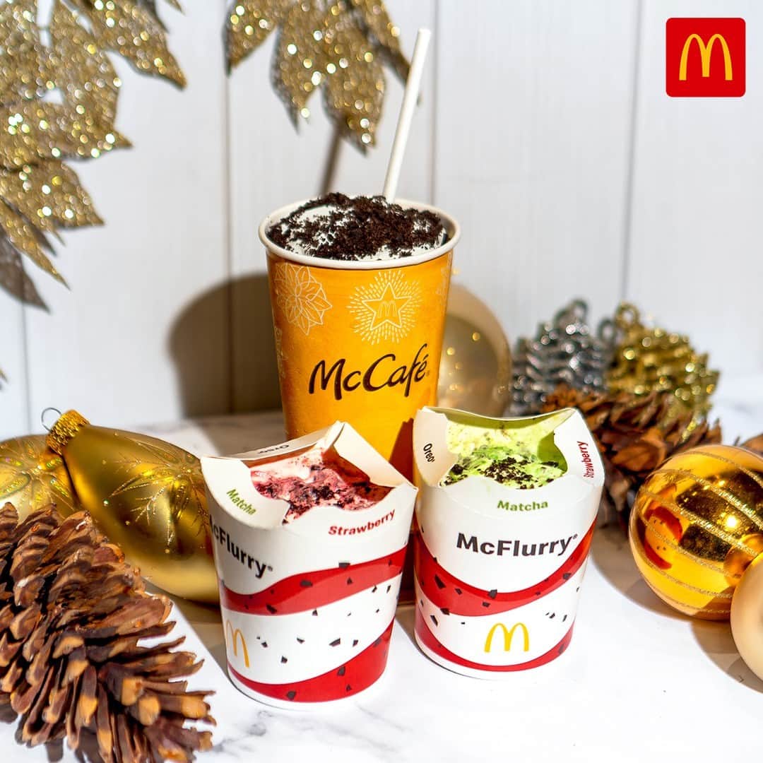 McDonald's Philippinesのインスタグラム：「how can i say no to these? 😅 i'm letting the Holiday #McFlurrysToLove and Strawberry OREO Frappe take the lead. 🎄🤩   Order now via McDelivery!」