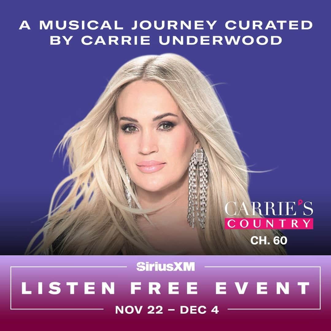 キャリー・アンダーウッドのインスタグラム：「SiriusXM’s Listen Free Event is on now. Start listening to CARRIE’S COUNTRY and more incredible channels to kick off your holiday season. It’s already on, just turn the radio on in your car to listen free. Now thru December 4. siriusxm.com/CarrieUnderwoodLF」