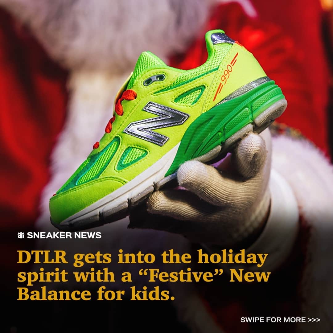 Sneaker Newsのインスタグラム：「@dtlrofficial ho-ho-hopes you haven't been naughty this year. ⁠ ⁠ The specialty sneaker retailer has teamed up with longtime partner New Balance to create a special 990v4 for kids perfect for the holidays. Covered in lively green and vivid red, the "Festive" collaboration releases online on November 27th; in-person releases will take place at DTLR stores on December 1st.⁠ ⁠ Visit the LINK IN BIO for full details.」