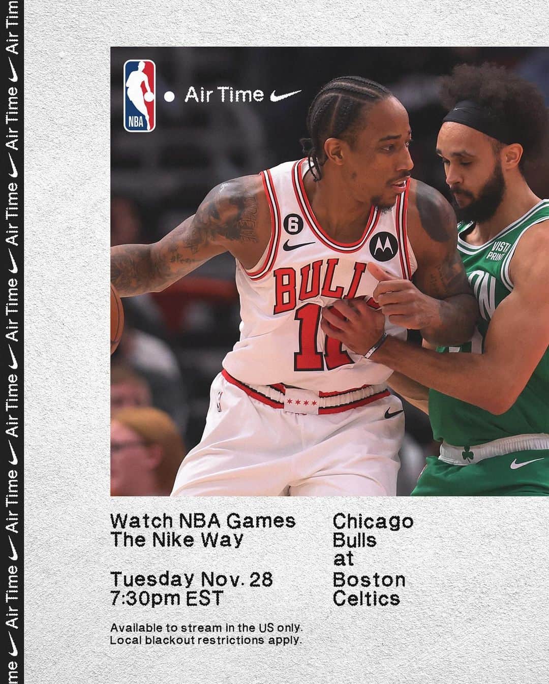 NBAのインスタグラム：「👀 Air Time. Tipping off 11/28 💨   Watch NBA Games the Nike Way: • Prepare for takeoff by becoming a Nike x NBA ID Member and downloading the NBA App. • See us live on Air on November 28th when the @ChicagoBulls take on the @Celtics  (Available to stream in the U.S. only).」