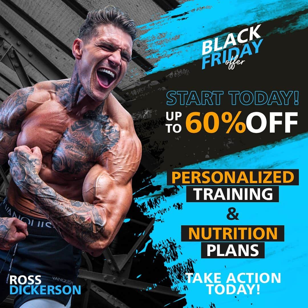 ロス・ディッカーソンのインスタグラム：「🚨It’s ‘Black Friday’ & my biggest sale yet! Get faster results with me as your coach & receive up to ‘60% Off’ you custom plan today. Click the link in my bio & check it out! What’s Included: ✅Personalised Training & Meal Plans Updated Monthly ✅Available For All Levels Of Training & All Types Of Diets ✅24/7 Ongoing Support To Guarantee The Best Results ✅Shopping List To Make It Simple And Easy ✅Training Video Guide To Show You The Best Technique For All Exercises ✅Home Or Gym Workouts Available ✅Cutting Or Bulking Personalised To You ✅Male Or Female Custom Plans ✅Vegetarian Options Available & More ✅Exclusive Members Facebook Group ✅Progress Tracking & More! - #gymmotivation #transformation」