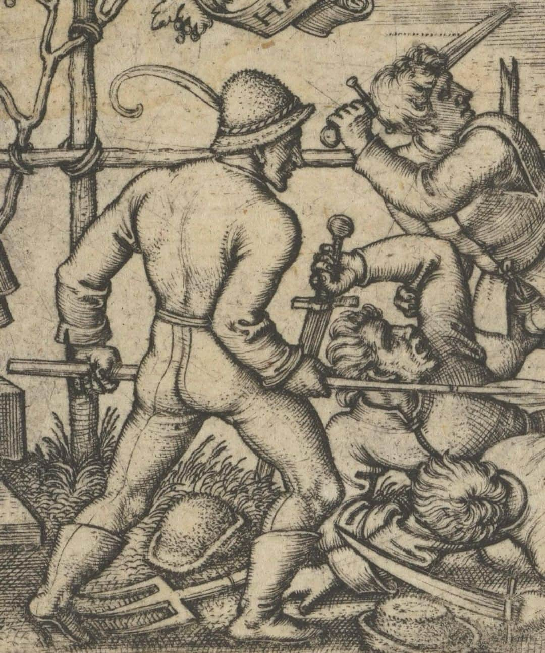 メトロポリタン美術館のインスタグラム：「“Peasants’ Brawl” AKA my family on Thursday by 4 pm 🤪 ⁣ ⁣ Sebald Beham’s 1547 print series “The Peasant’s Feast” consolidated many of the stereotypical traits attributed to peasants during the 16th century. Set at church festivals and weddings, the tiny, collectible images focused on moments of drunken behavior, unrestrained dancing, violent outbursts, and sexual dalliances. ⁣ ⁣ Tapping into an older tradition of poems, songs, and comedies, images from the series reinforced the then pervasive idea of peasants as a class of people ruled by their untamed appetites. (Guess that makes us peasants 🙋) ⁣ ⁣ Examine the emergence of distinctly middle-class taste in late medieval England in “Rich Man, Poor Man: Art, Class, and Commerce in a Late Medieval Town”—on view at the @metcloisters through February 4, 2024.⁣  Wishing you a happy, safe, and drama-free holiday, all!  ⁣ 🎨 Sebald Beham (German, 1500–1550). Peasants’ Brawl from The Peasants’ Feast or the Twelve Months, 1547. Engraving; second state of two (Pauli). @metcloisters #MetMedieval」