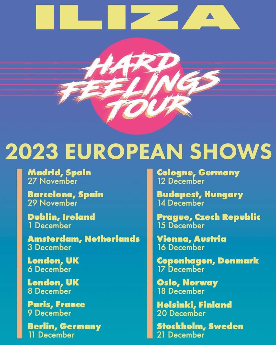 イリザ・シュレシンガーのインスタグラム：「🇪🇸🇮🇪🇳🇱🇬🇧🇫🇷🇩🇪🇭🇺🇨🇿🇦🇹🇩🇰🇳🇴🇫🇮🇸🇪 ⬆️ IF YOU SEE YOUR FLAG, WE’RE COMING TO YOUR COUNTRY! ✈️ Get tickets for all shows of the European leg of the #HardFeelingsTour NOW - link in bio!」