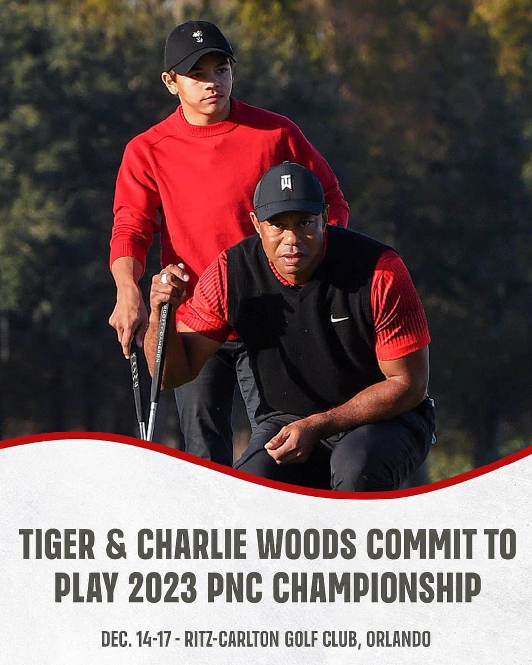 チョン・インジのインスタグラム：「Break out the Sunday red, Tiger and Charlie are BACK. 🔥🙌 @PNCchampionship   More on Team Woods via link in bio.」
