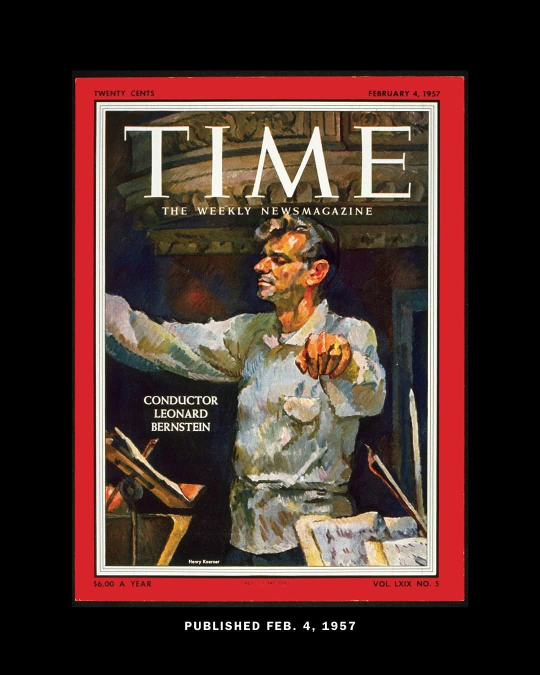 TIME Magazineのインスタグラム：「In #Maestro, Bradley Cooper stars as Leonard Bernstein, one of the greatest composers of the 20th century.   As the movie depicts in a frantic opening sequence, Bernstein’s big break occurred on Nov. 14, 1943, when, at 25, he conducted the New York Philharmonic at Carnegie Hall—replacing ailing conductor Bruno Walter. (In the movie, he swoops in at the last minute—without a rehearsal—but the magazine story says he had been practicing in case he was needed.) From there, he went on to become famous for popular works like West Side Story and the score for On the Waterfront.  TIME detailed Bernstein's eccentricities in a Feb. 4, 1957 cover story hailing him as the first U.S.-born conductor with an international reputation. Among the qualities that shine through in both the movie and the cover story are that Bernstein had boundless energy, was extremely extroverted, and was often stretched too thin, which took a toll on his personal relationships.  At the link in bio, go inside TIME's cover story.  Illustration by Henry Koerner」