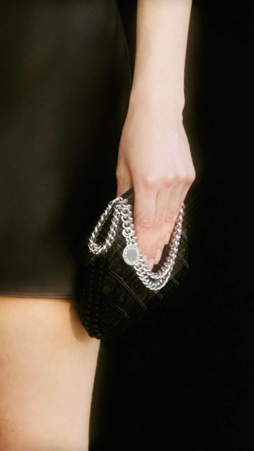 ステラ・マッカートニーのインスタグラム：「STELLABRATION: Subtle decorations, bold statements. Stand out at every festive Stellabration.  The Stella party dress, crafted with forest-friendly viscose and lead-free crystals.  Shop #StellaHoliday at link in bio.  Credits Track: ‘Frozen’ by @Madonna  #StellaMcCartney #StellaSpring24」