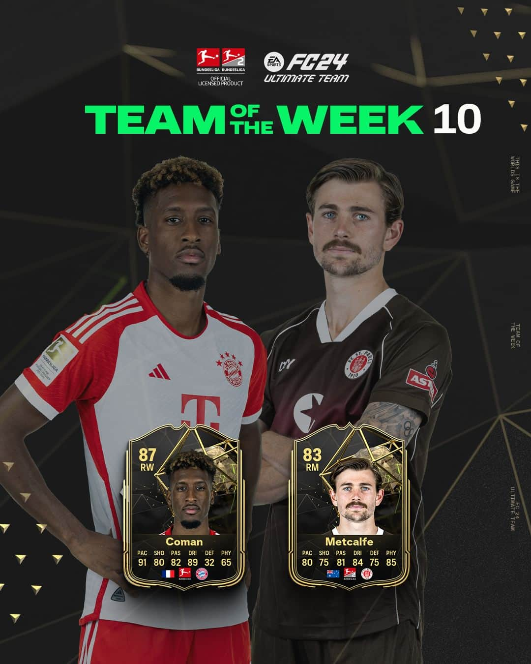 ブンデスリーガのインスタグラム：「Congrats to @FCBayern forward @King and @Connor_Metcalfe of @FCStPauli on making it into @EASPORTSFC's #TOTW! 👏  #Bundesliga | #FC24」