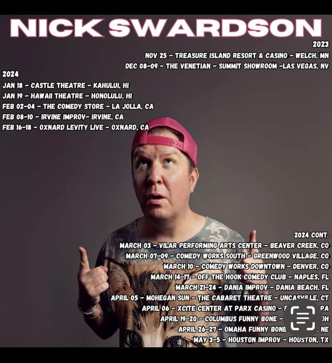 ニック・スウォードソンのインスタグラム：「Dates with venues!! Happy Thanksgiving. Go to nickswardson.net or the venues web site. Leo also on Netflix now. AND HOLIDAY GIFT ALERT Swardsonshirts.com!!!!」