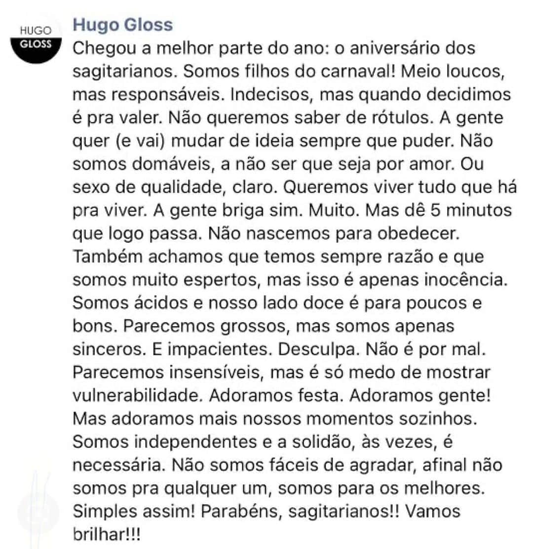Hugo Glossのインスタグラム：「Hora de repostar esse meu texto que traduz todos aqueles que andam com o arco e flecha de sagitário como eu!!! Eu sou do dia 27/11 e vc? E seu sagitariano preferido? Me conta ai nos comentários! ♐️♐️♐️♐️♐️」