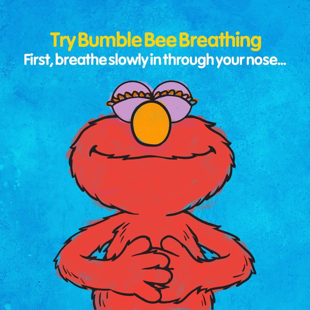 セサミストリートのインスタグラム：「Need a little break? Sit down, close your eyes, and try Bumble Bee Breathing with @elmo. Breathing is a great way to get in touch with our bodies, hearts, and minds, and can help us manage big feelings too. #EmotionalWellbeing #WellnessWednesday」