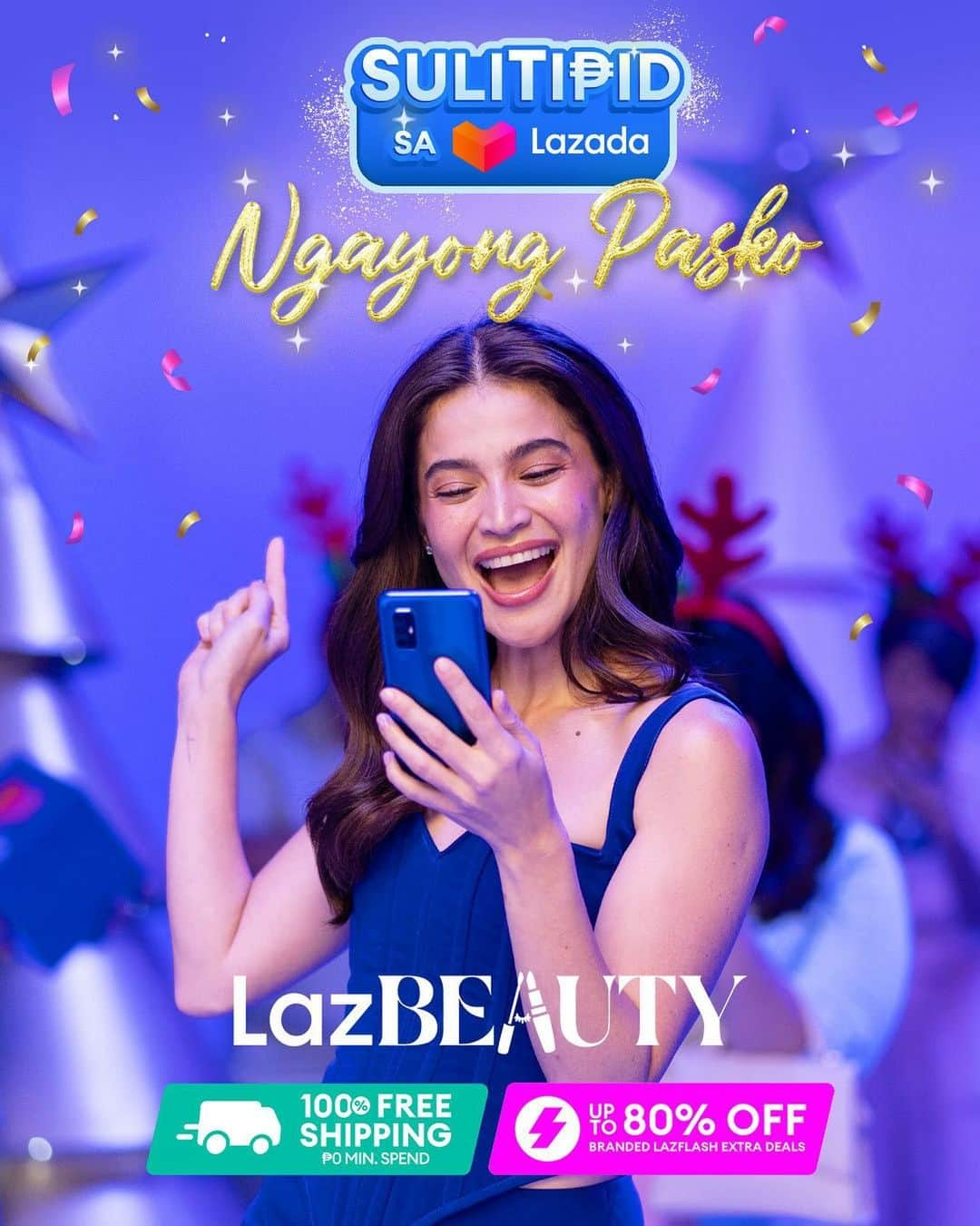 アン・カーティスのインスタグラム：「Todo bigay tayo sa holiday looks & gifts ngayong Pasko dahil #SuliTipidSaLazada! 💜✨  Shop up to 70% off on #LazBeautyPH, and enjoy 100% free shipping, no min. spend! @lazadaph」