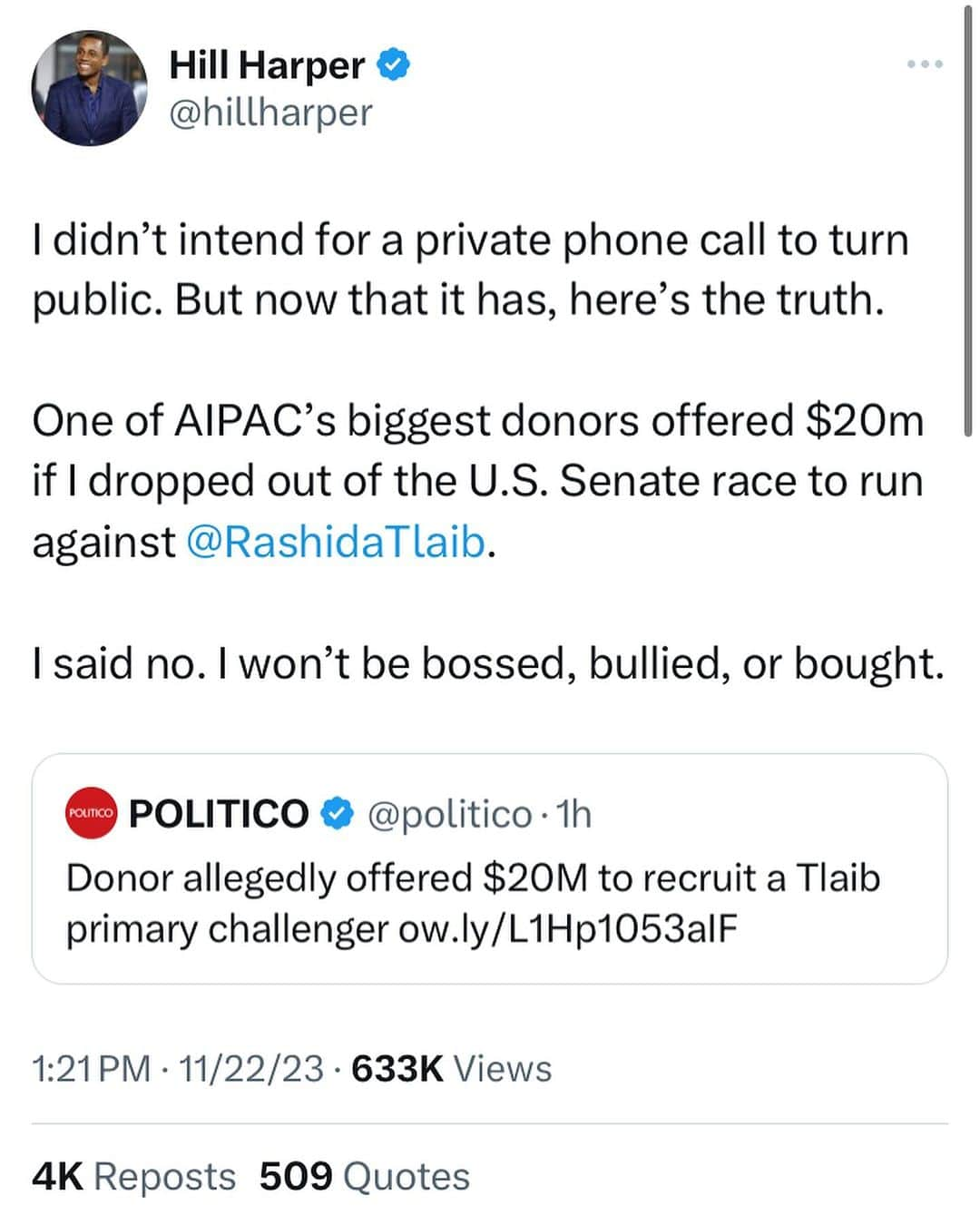 ヒル・ハーパーのインスタグラム：「I didn’t intend for a private phone call to turn public. But now that it has, here’s the truth. One of AIPAC’s biggest donors offered $20 million if I dropped out of the U.S. Senate race to run against @reprashida.   I said no. I won’t be bossed, bullied, or bought.  Yes, telling the truth will put a target on my back, but if we all come together we can win.」