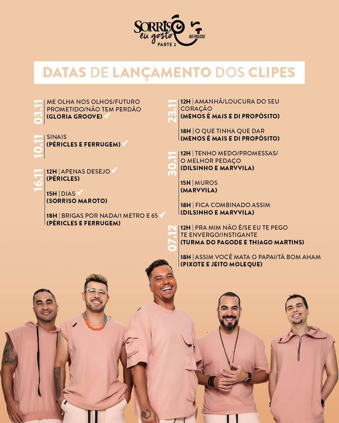 Sorriso Marotoのインスタグラム：「ATENÇÃO!!! 🙌🏽  Foi aí que pediram mais clipes do Sorriso Eu Gosto No Pagode - Parte 2? 👀  Então se liga aí na programação completa de estreias no Youtube e já salva esse post pra não perder nenhum vídeo!😎  Boraaa, nação pagodeira. Vamos sofrer de mãos dadas até o fim. 😂🫱🏽‍🫲🏻  @dilsinho  @ferrugem  @pericles  @marvvila  @grupopixote  @turmadopagode  @gloriagroove  @jeitomoleque  @thiagomartins  @grupomenosemais  @diproposito」